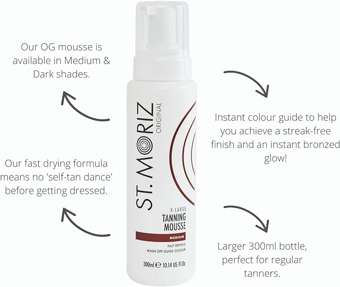 St Moriz Original Extra Large Instant Tanning Mousse in Medium | Fast Drying Vegan Fake Tan | With Wash Off Guide Colour | For Streak Free Bronzed Glow | Dermatologically Tested & Cruelty Free | 300ml - British D'sire