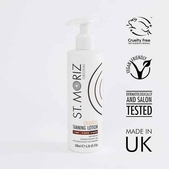 St Moriz Original Gradual Tanning Lotion | Hydrating Gradual Tanning Moisturiser with Fake Tan | Light to Dark | Gradual Tan Body Moisturiser | Dermatologically Tested | Vegan | Cruelty Free | 200ml - British D'sire