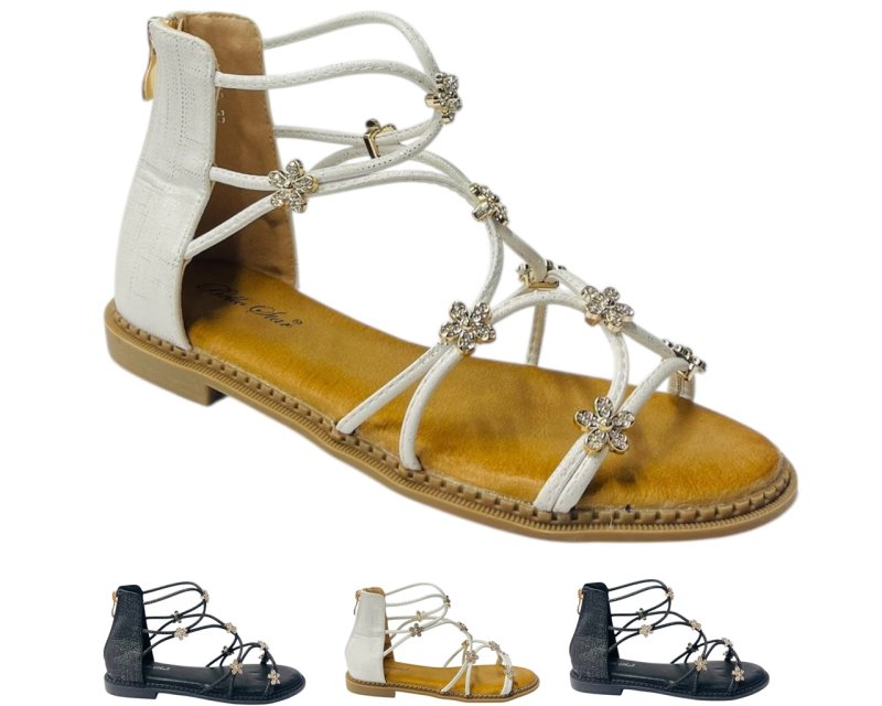 Strass Flowers Flat Zip Sandals - Sandals - British D'sire Main image