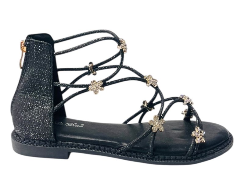 Strass Flowers Flat Zip Sandals - Sandals - British D'sire