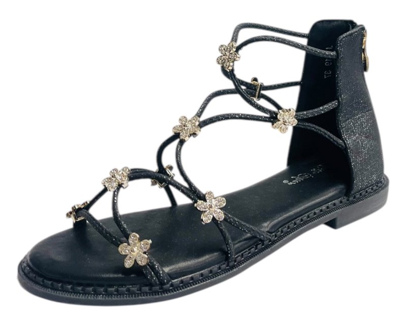 Strass Flowers Flat Zip Sandals - Sandals - British D'sire