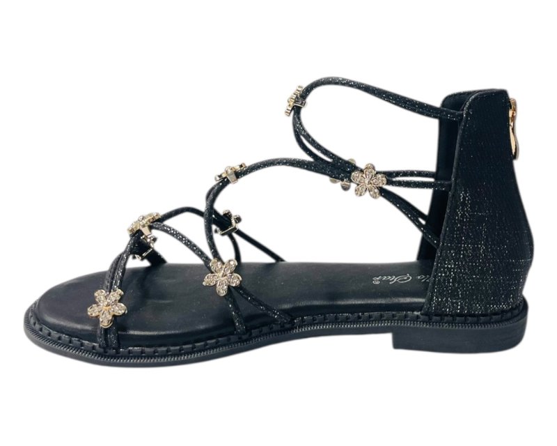 Strass Flowers Flat Zip Sandals - Sandals - British D'sire