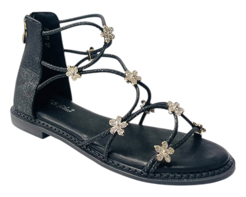Strass Flowers Flat Zip Sandals - Sandals - British D'sire
