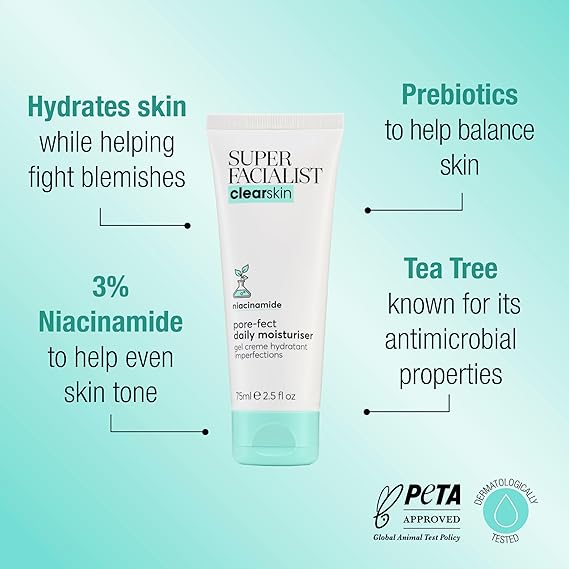 Super Facialist Pore-Fect Daily Moisturiser - Hydrate & Control Oil for Acne Treatment & Blackhead Remover with 3% Niacinamide, Tea Tree Oil & Prebiotics, Vegan Friendly 75ml Secondary image