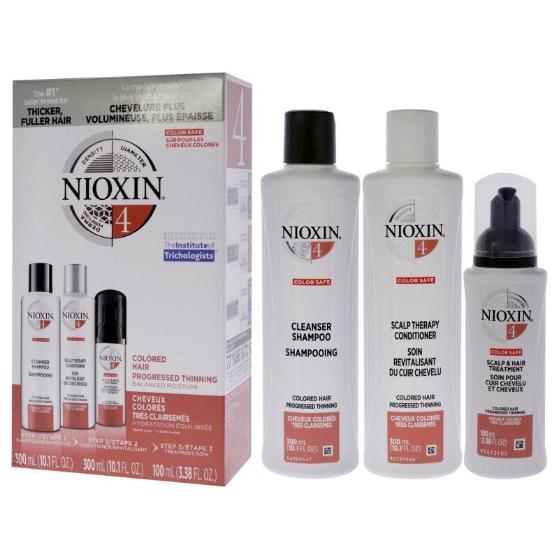 System 4 Kit by Nioxin for Unisex - 3 Pc 10.1oz Color Safe Cleanser Shampoo, 10.1 oz Color Safe Scalp Therapy Conditioner, 3.38oz Scalp and Hair Treatment - 10.1oz Color Safe Cleanser Shampoo, 10.1 oz Color Safe Scalp Therapy Conditioner, 3.38oz Scalp and Hair Treatment - British D'sire