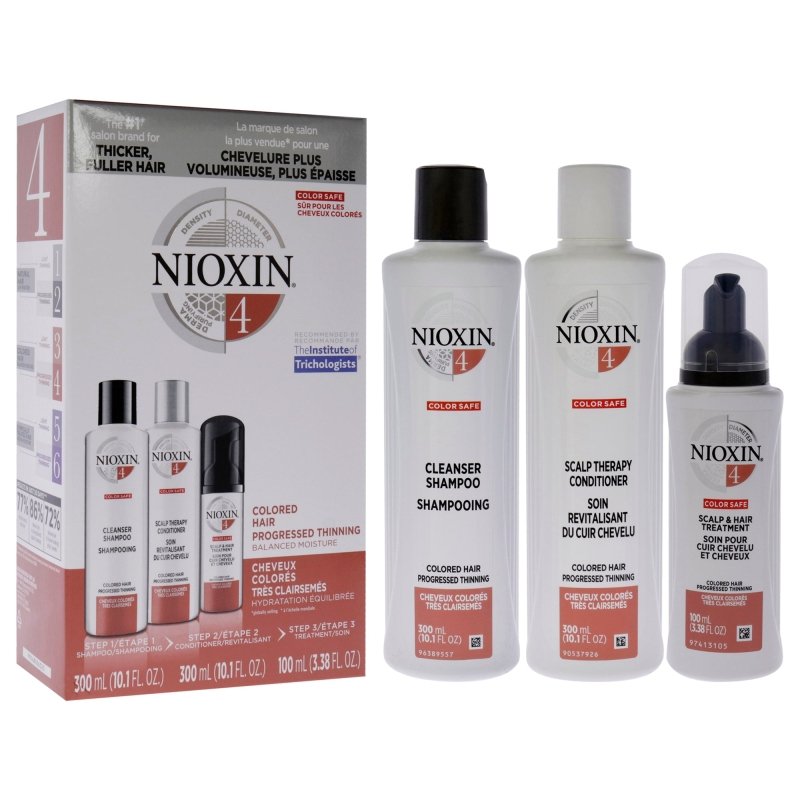 System 4 Kit by Nioxin for Unisex - 3 Pc 10.1oz Color Safe Cleanser Shampoo, 10.1 oz Color Safe Scalp Therapy Conditioner, 3.38oz Scalp and Hair Treatment - 10.1oz Color Safe Cleanser Shampoo, 10.1 oz Color Safe Scalp Therapy Conditioner, 3.38oz Scalp and Hair Treatment - British D'sire