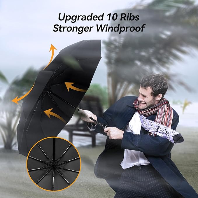 TechRise Umbrella Windproof Travel Umbrella: 10 Ribs Automatic Compact Strong Wind Proof Umbrella, One Button Auto Open Close Wind Resistant Folding Lightweight Portable Umbrella for Men Women Secondary image