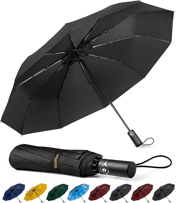TechRise Umbrella Windproof Travel Umbrella: 10 Ribs Automatic Compact Strong Wind Proof Umbrella, One Button Auto Open Close Wind Resistant Folding Lightweight Portable Umbrella for Men Women - Luggage & Bags - British D'sire Main image