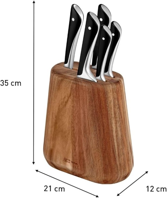 Tefal Jamie Oliver Kitchen Knives Set, 5 Pieces: Knife Block, Chef, Bread, Santoku, Utility, Paring Knives, German Stainless Steel, Ice Hardened Blades, Sharp Blades, Comfortable Grip, K267S556. - Kitchen Knives Set - British D'sire Main image