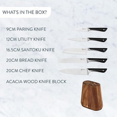 Tefal Jamie Oliver Kitchen Knives Set, 5 Pieces: Knife Block, Chef, Bread, Santoku, Utility, Paring Knives, German Stainless Steel, Ice Hardened Blades, Sharp Blades, Comfortable Grip, K267S556. - Kitchen Knives Set - British D'sire