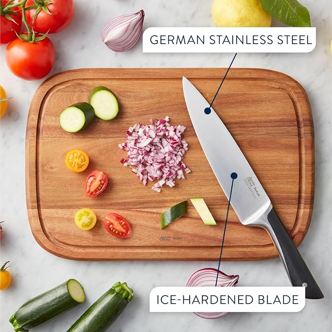 Tefal Jamie Oliver Kitchen Knives Set, 5 Pieces: Knife Block, Chef, Bread, Santoku, Utility, Paring Knives, German Stainless Steel, Ice Hardened Blades, Sharp Blades, Comfortable Grip, K267S556. - Kitchen Knives Set - British D'sire
