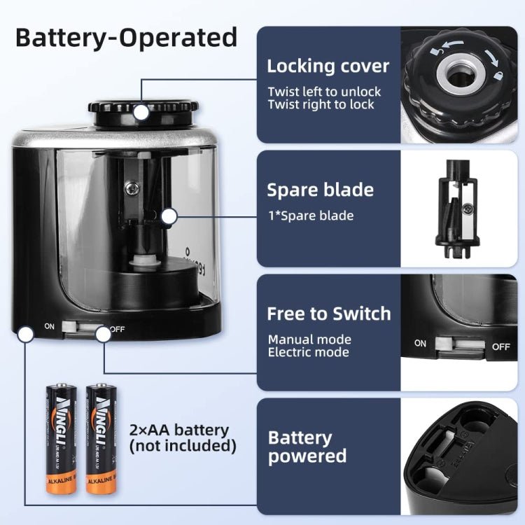 TENWIN Electrical Pencil Sharpener Student Stationery Semi - Automatic Sharpeners Battery Model(Black) - British D'sire