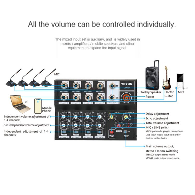 TEYUN Q48 8 - Channels Microphone Audio Mixer - British D'sire