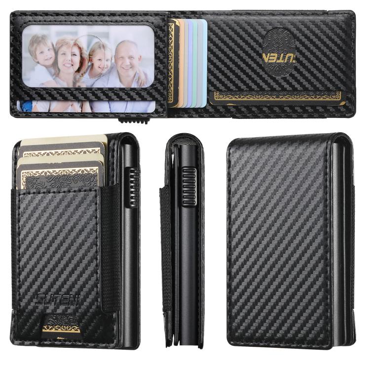 The Suteni carbon fiber pattern button automatically pops out the elastic band card box(Black) - British D'sire
