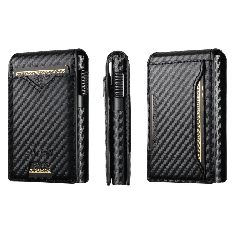 The Suteni carbon fiber pattern button automatically pops out the veneered printed card box(Black) - British D'sire Main image
