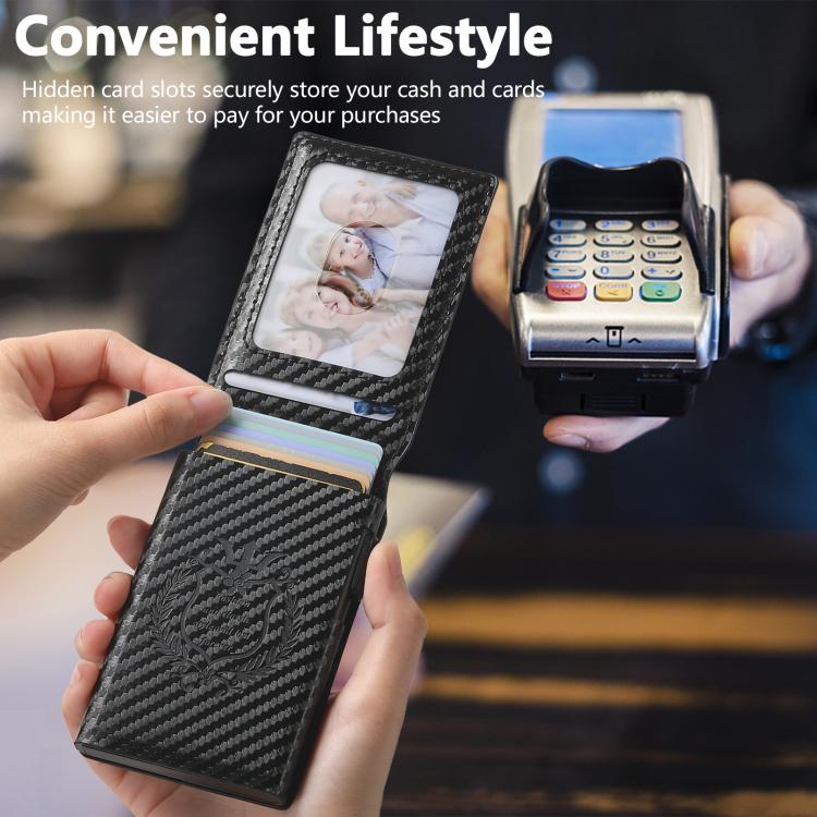 The Suteni carbon fiber pattern button automatically pops out the veneered printed card box(Black) - British D'sire