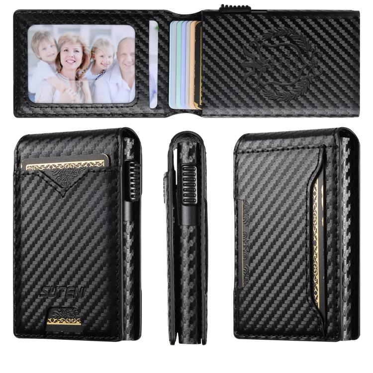 The Suteni carbon fiber pattern button automatically pops out the veneered printed card box(Black) - British D'sire