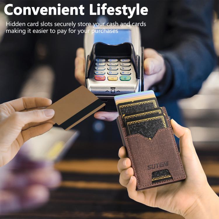The Suteni denim double - sided card slot button automatically ejects the card box(Brown) - British D'sire