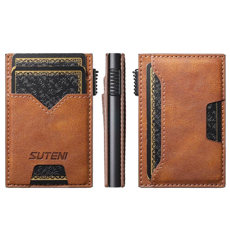 The Suteni denim double - sided card slot button automatically ejects the card box(Brown) - British D'sire