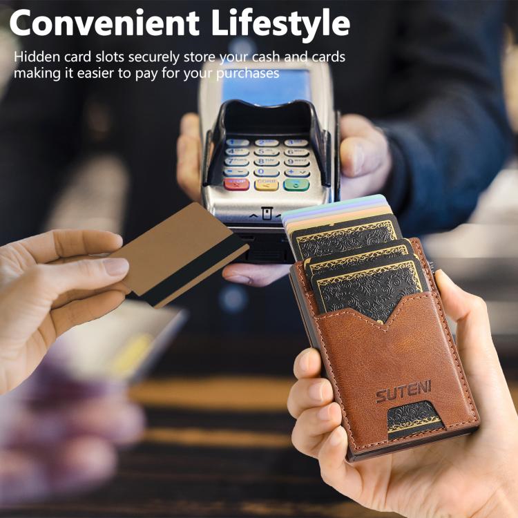 The Suteni denim double - sided card slot button automatically ejects the card box(Brown) - British D'sire