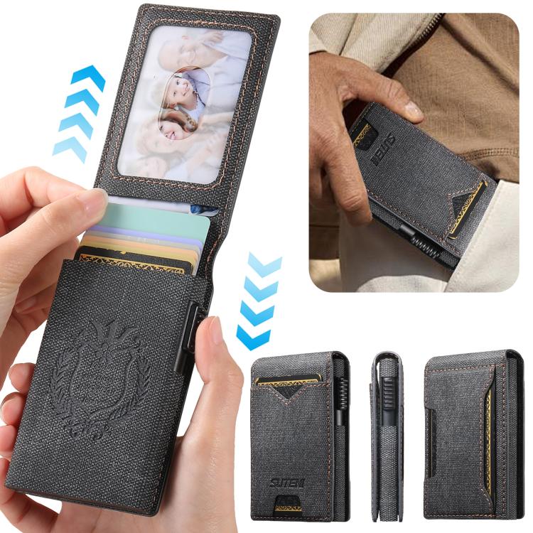 The Suteni denim pattern button automatically pops out the veneered printed card box(Black) - British D'sire