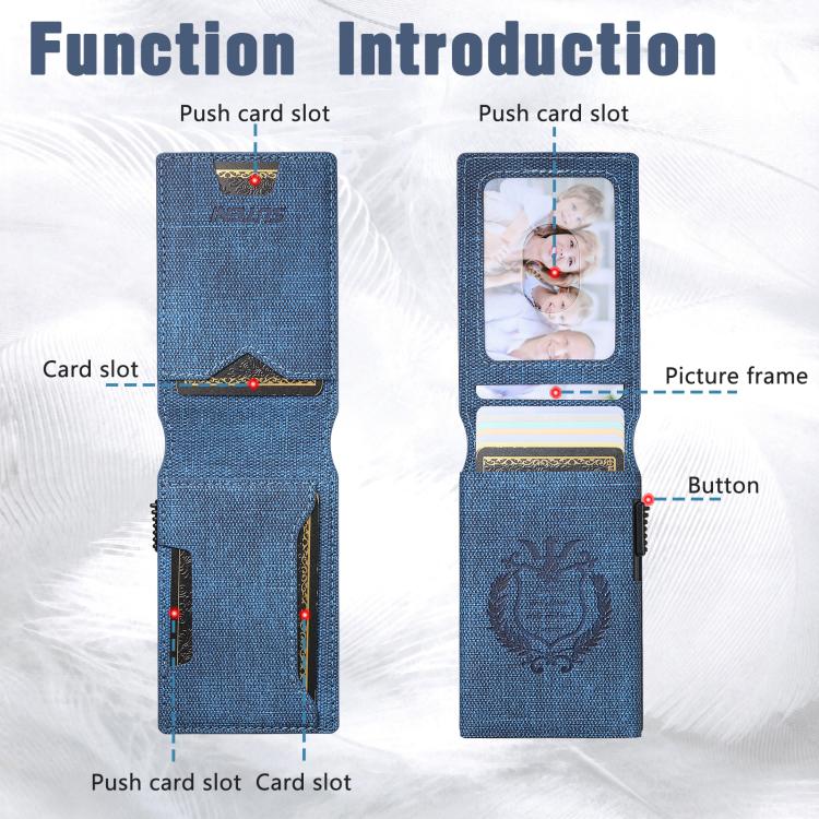 The Suteni denim pattern button automatically pops out the veneered printed card box(Blue) - British D'sire