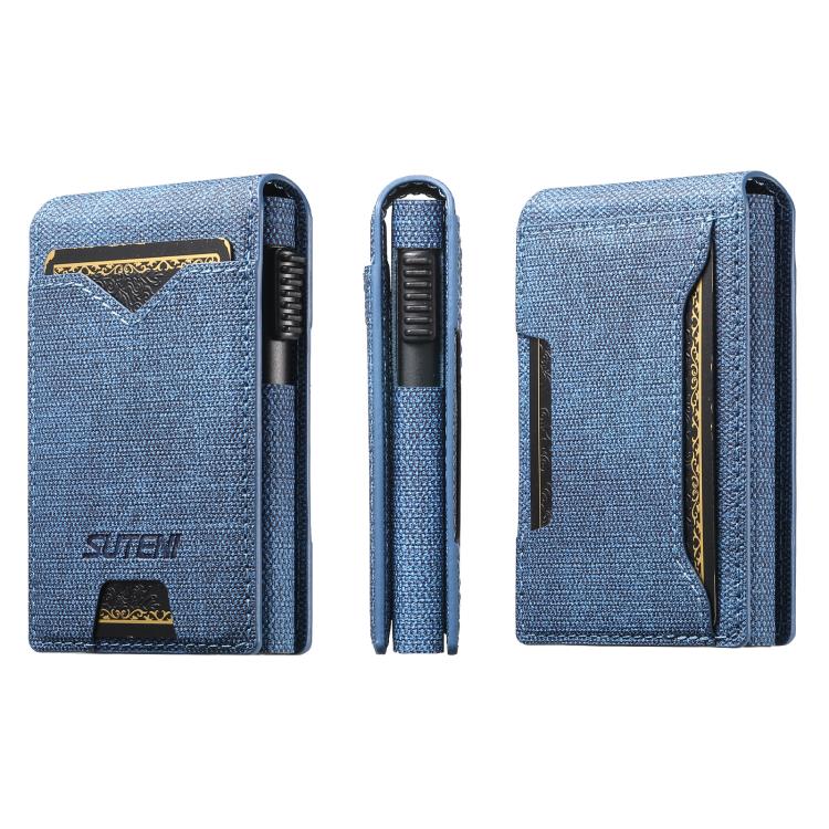 The Suteni denim pattern button automatically pops out the veneered printed card box(Blue) - British D'sire Main image
