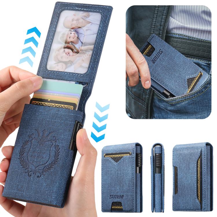 The Suteni denim pattern button automatically pops out the veneered printed card box(Blue) Secondary image