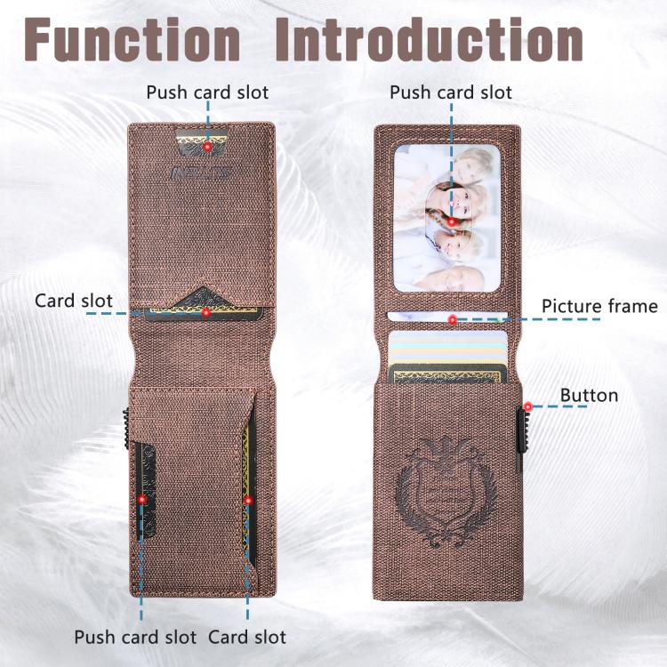 The Suteni denim pattern button automatically pops out the veneered printed card box(Brown) - British D'sire