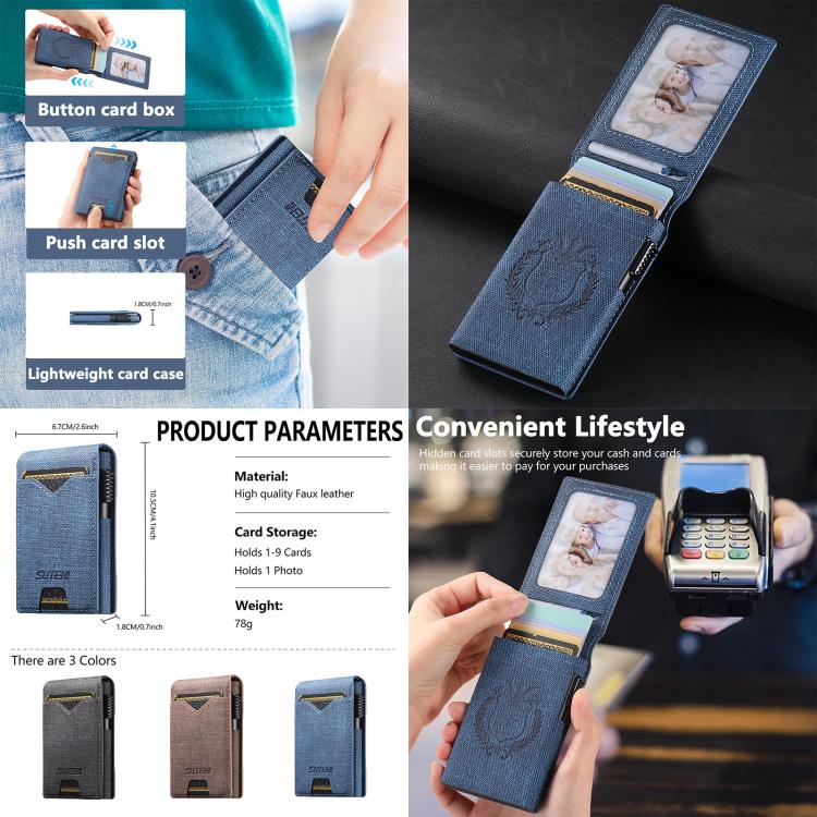 The Suteni denim pattern button automatically pops out the veneered printed card box(Brown) - British D'sire