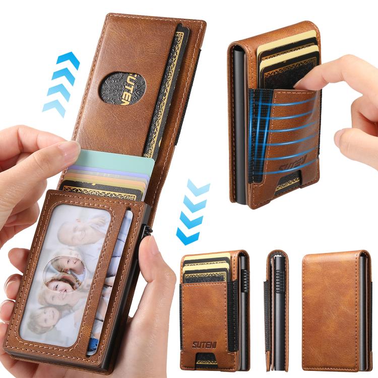 The Suteni oil wax pattern button automatically pops out the elastic band card box(Brown) Secondary image