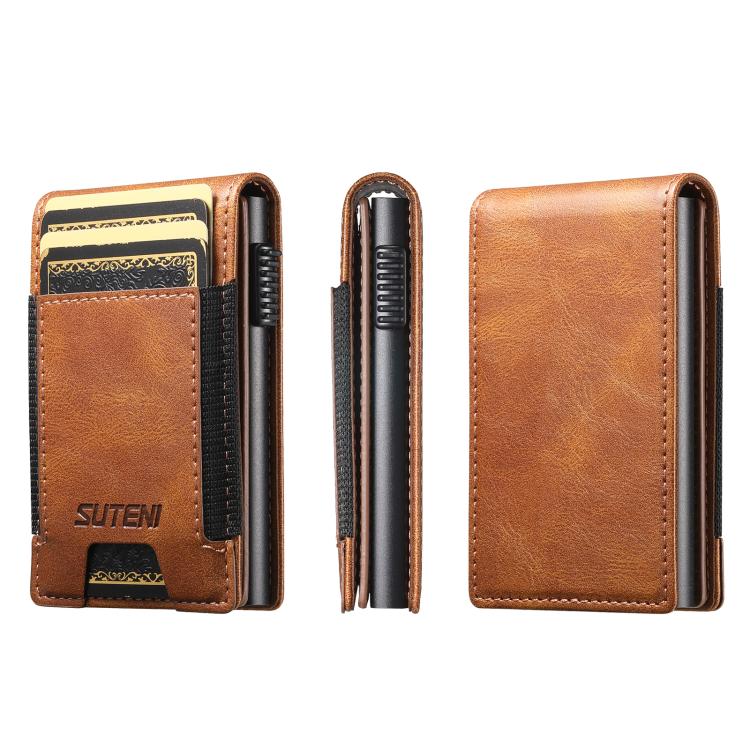 The Suteni oil wax pattern button automatically pops out the elastic band card box(Brown) - British D'sire Main image
