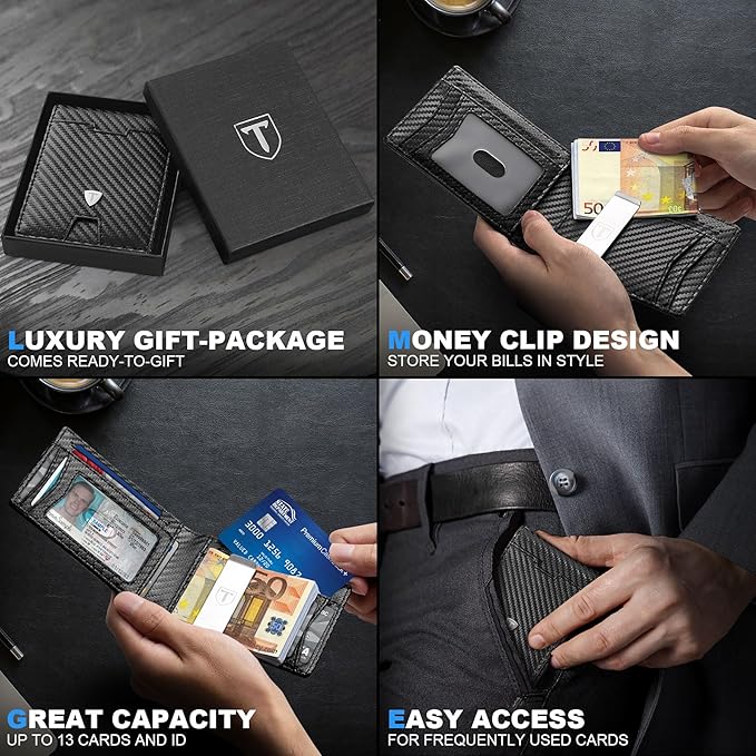 Tomylv Mens Wallets Slim RFID Blocking Carbon Fiber Leather Wallets Mens with up to 13 Credit Card Holder, Strong Money Clip & ID Window Minimalist Bi - Fold Wallets for Men UK with Gift Box - Black - Men's Wallets - British D'sire