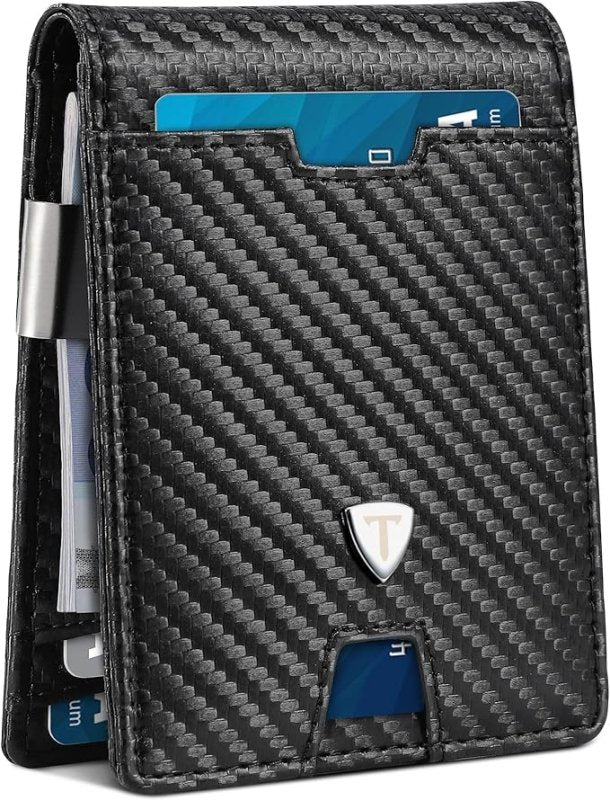 Tomylv Mens Wallets Slim RFID Blocking Carbon Fiber Leather Wallets Mens with up to 13 Credit Card Holder, Strong Money Clip & ID Window Minimalist Bi - Fold Wallets for Men UK with Gift Box - Black - Men's Wallets - British D'sire