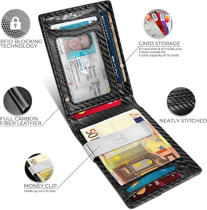 Tomylv Mens Wallets Slim RFID Blocking Carbon Fiber Leather Wallets Mens with up to 13 Credit Card Holder, Strong Money Clip & ID Window Minimalist Bi - Fold Wallets for Men UK with Gift Box - Black - Men's Wallets - British D'sire