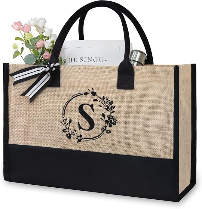 TOPDesign Initial Jute/Canvas Tote Bag, Personalized Present Bag, Suitable for Wedding, Birthday, Beach, Holiday, is a Great Gift for Women, Mom, Teachers, Friends, Bridesmaids - Reusable Shopper Bags - British D'sire Main image
