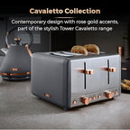 Tower T20051RGG Cavaletto 4 - Slice Toaster with Defrost/Reheat, Stainless Steel, 1800W, Grey and Rose Gold - Toaster - British D'sire