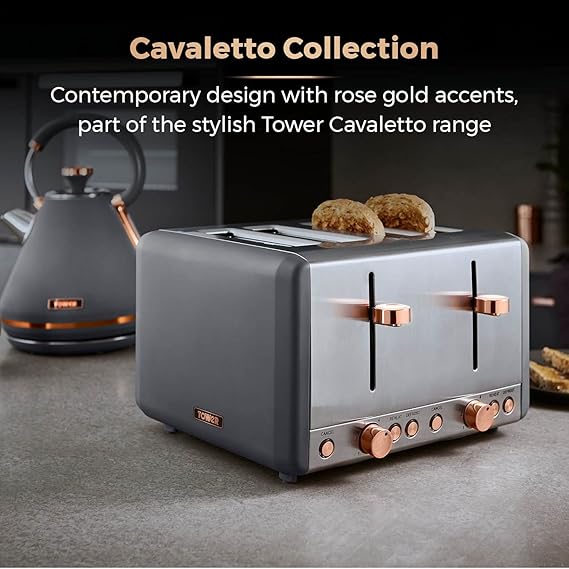 Tower T20051RGG Cavaletto 4 - Slice Toaster with Defrost/Reheat, Stainless Steel, 1800W, Grey and Rose Gold - Toaster - British D'sire