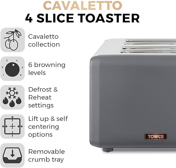 Tower T20051RGG Cavaletto 4-Slice Toaster with Defrost/Reheat, Stainless Steel, 1800W, Grey and Rose Gold Secondary image
