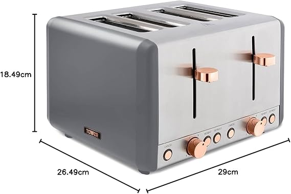 Tower T20051RGG Cavaletto 4 - Slice Toaster with Defrost/Reheat, Stainless Steel, 1800W, Grey and Rose Gold - Toaster - British D'sire