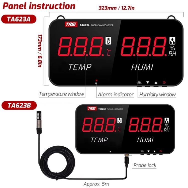 TRSI TA623B Industrial Wall-mounted Thermometer Hygrometer, External 5-meter Probe Secondary image