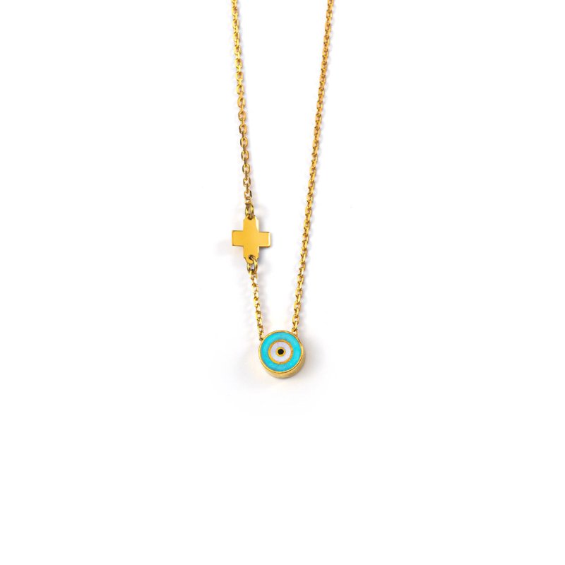 Turquoise Round Evil Eye Necklace with Cross – Sterling Silver and Gold Plated - Necklaces & Pendants - British D'sire