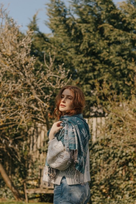 Turquoise Vintage Lace and Paisley Pashmina with Tassels - Scarves & Snoods - British D'sire