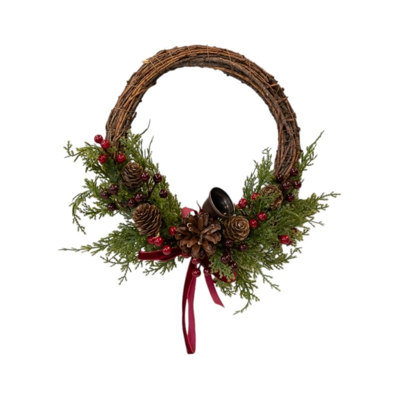 Twig Wreath with Red Berries, Pinecones, Bells and Bow Medium - Garland - British D'sire