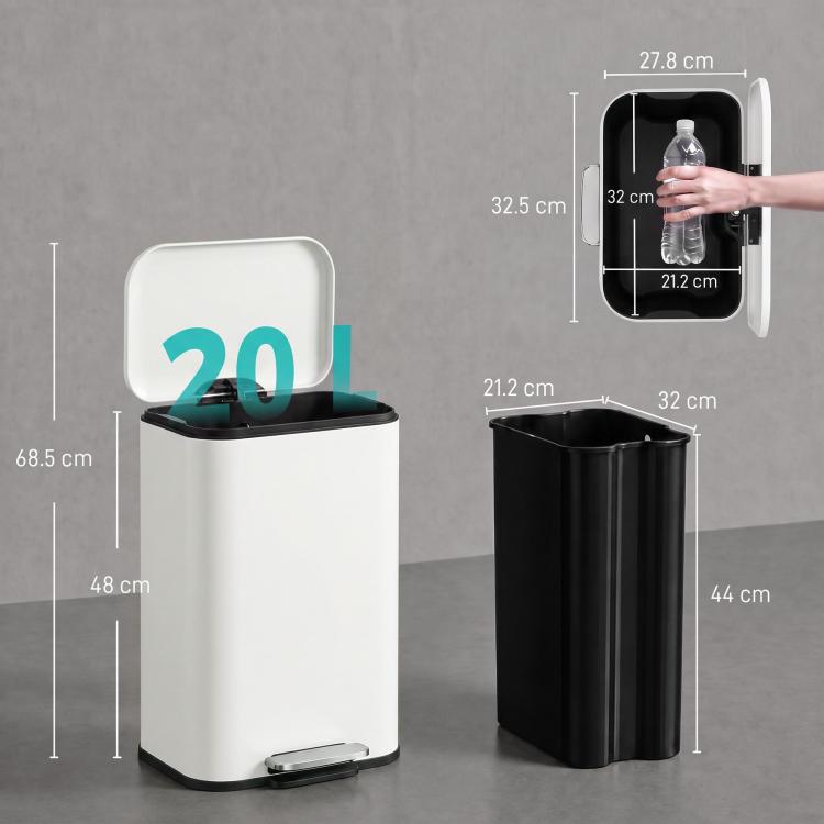 [UK Warehouse] 20 L Kitchen Pedal Bin, Metal Rubbish Bin with Removable Inner Bucket, Soft-Close & Stay-Open Lid, Cream White - British D'sire