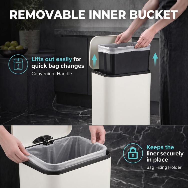 [UK Warehouse] 20 L Kitchen Pedal Bin, Metal Rubbish Bin with Removable Inner Bucket, Soft-Close & Stay-Open Lid, Cream White - British D'sire