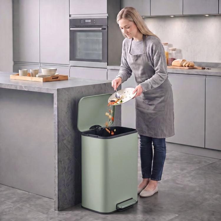 [UK Warehouse] 50 L Kitchen Pedal Bin, Metal Rubbish Bin with Removable Inner Bucket, Soft-Close & Stay-Open Lid, Light Green - British D'sire
