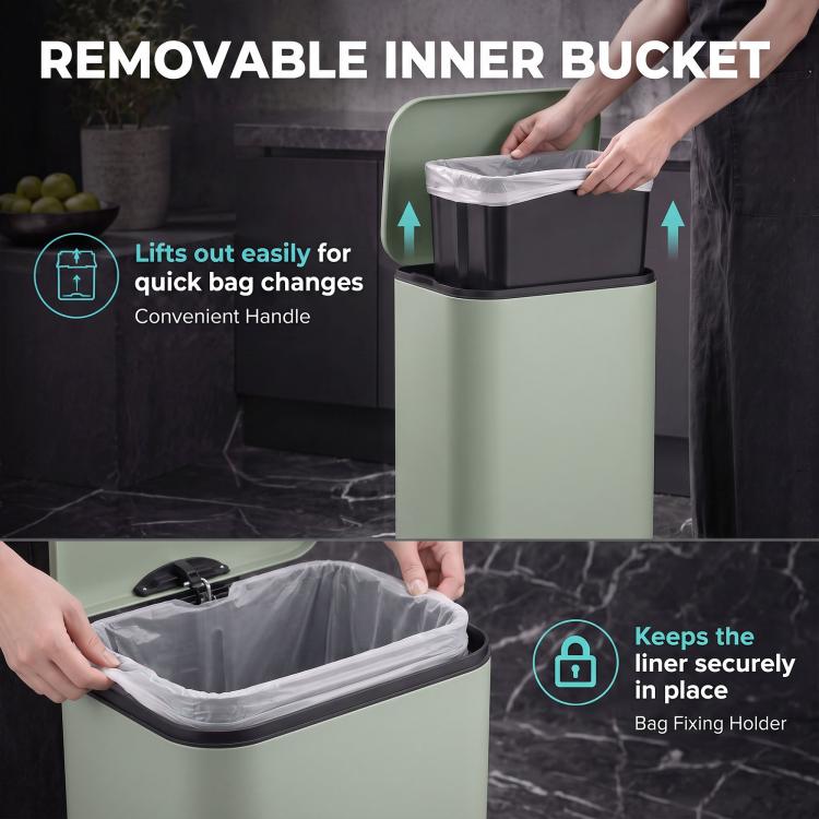 [UK Warehouse] 50 L Kitchen Pedal Bin, Metal Rubbish Bin with Removable Inner Bucket, Soft-Close & Stay-Open Lid, Light Green - British D'sire