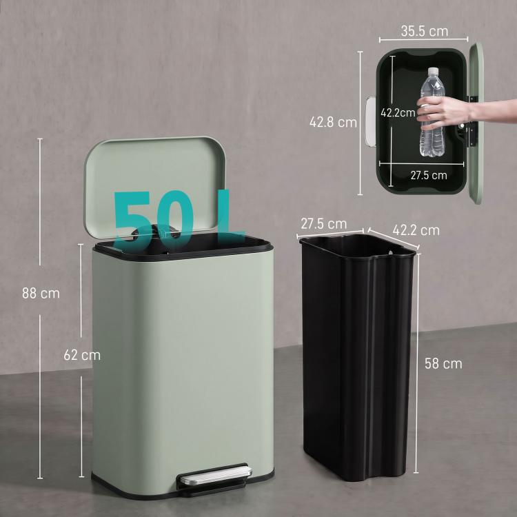 [UK Warehouse] 50 L Kitchen Pedal Bin, Metal Rubbish Bin with Removable Inner Bucket, Soft-Close & Stay-Open Lid, Light Green - British D'sire