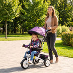 [UK Warehouse] 6 in 1 Kids Trike Push Bike w/ Push Handle, Canopy, 5-point Seat Belt, Storage, Footrest, Brake, for 1-5 Years, Purple - British D'sire